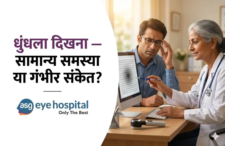 धुंधला दिखने की समस्या और आँखों की जांच करवाता व्यक्ति