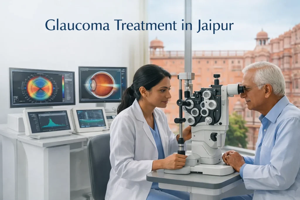 Patient undergoing glaucoma eye check-up and optic nerve evaluation at ASG Eye Hospital Jaipur