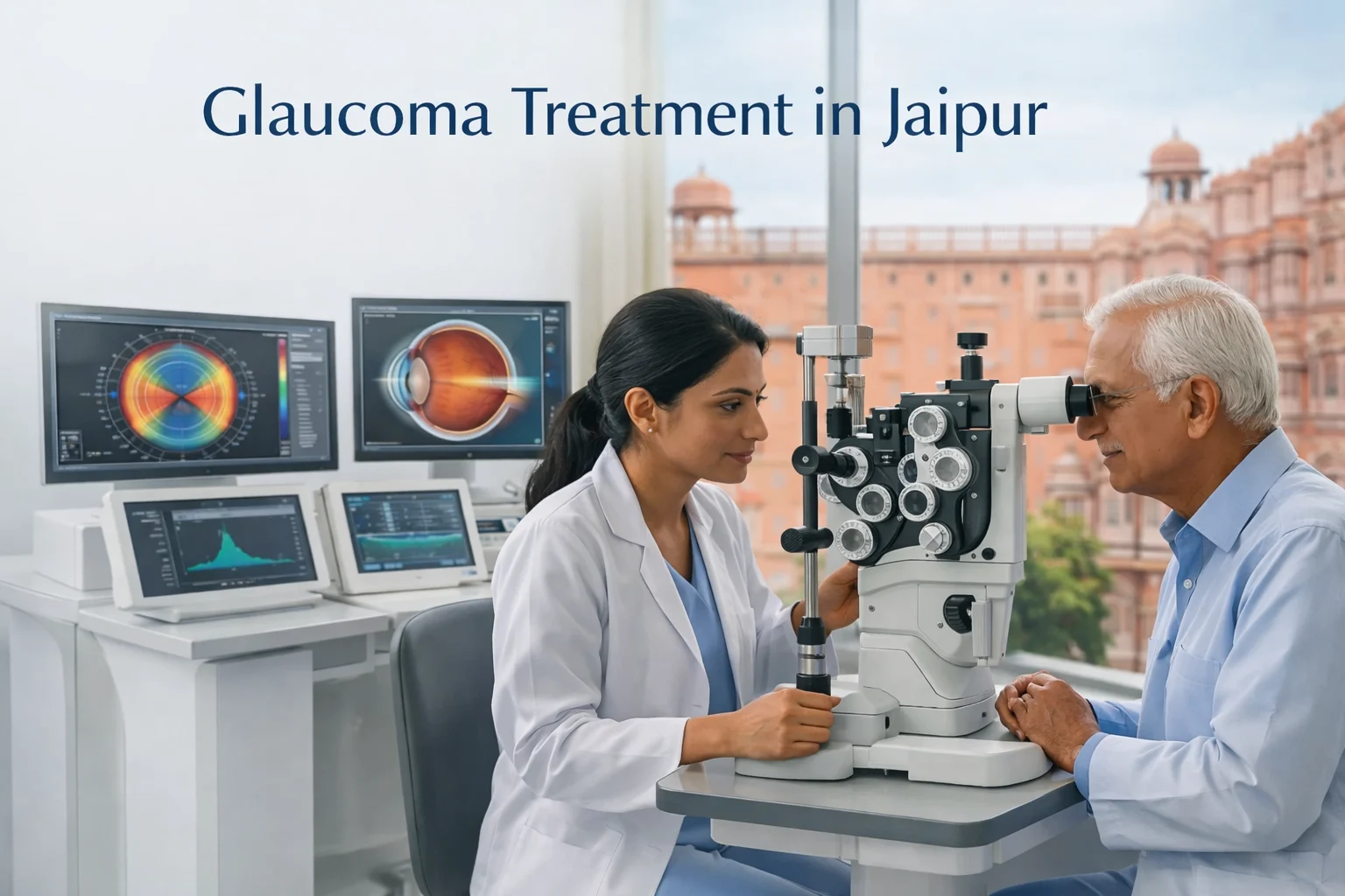Patient undergoing glaucoma eye check-up and optic nerve evaluation at ASG Eye Hospital Jaipur