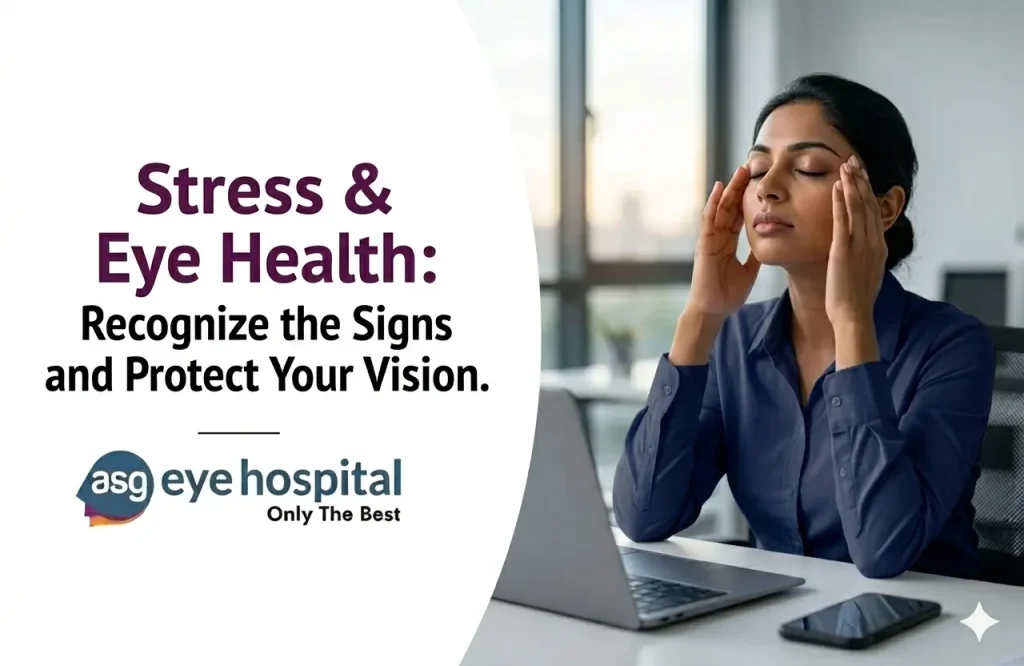Person experiencing blurry vision and eye strain caused by stress and anxiety
