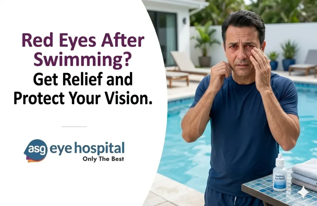 Person with red irritated eyes after swimming in a pool during summer