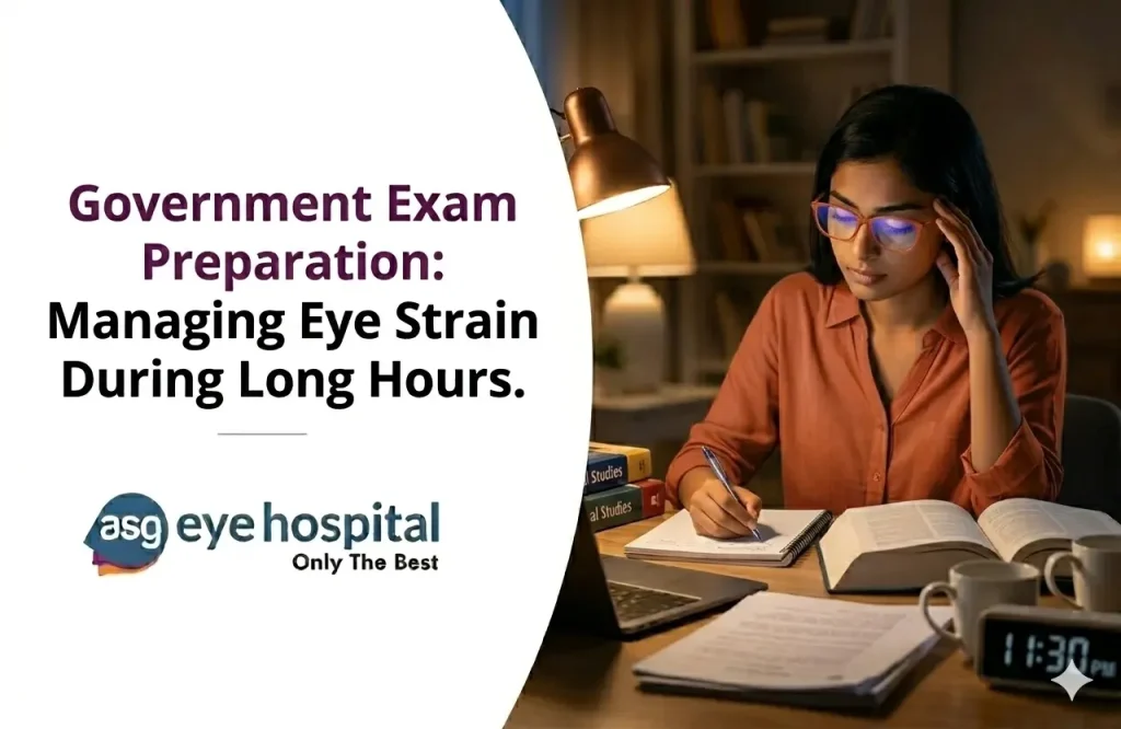 Government exam aspirant studying late at night with laptop and books while experiencing digital eye strain and fatigue