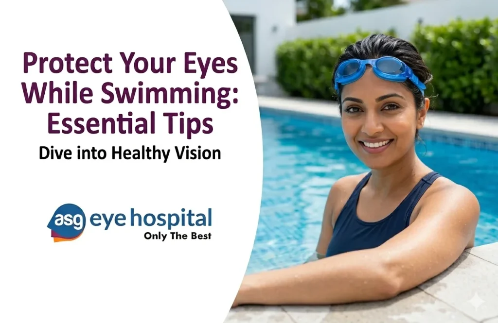 Child wearing swimming goggles to protect eyes from chlorine and pool infections during summer