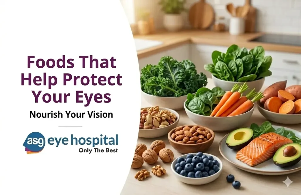 Healthy foods rich in vitamins for eye health including carrots, spinach, almonds, citrus fruits, and amla