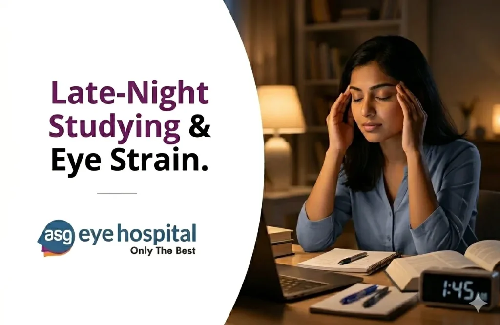 Student studying late at night on a laptop with tired eyes and digital eye strain symptoms during exam preparation
