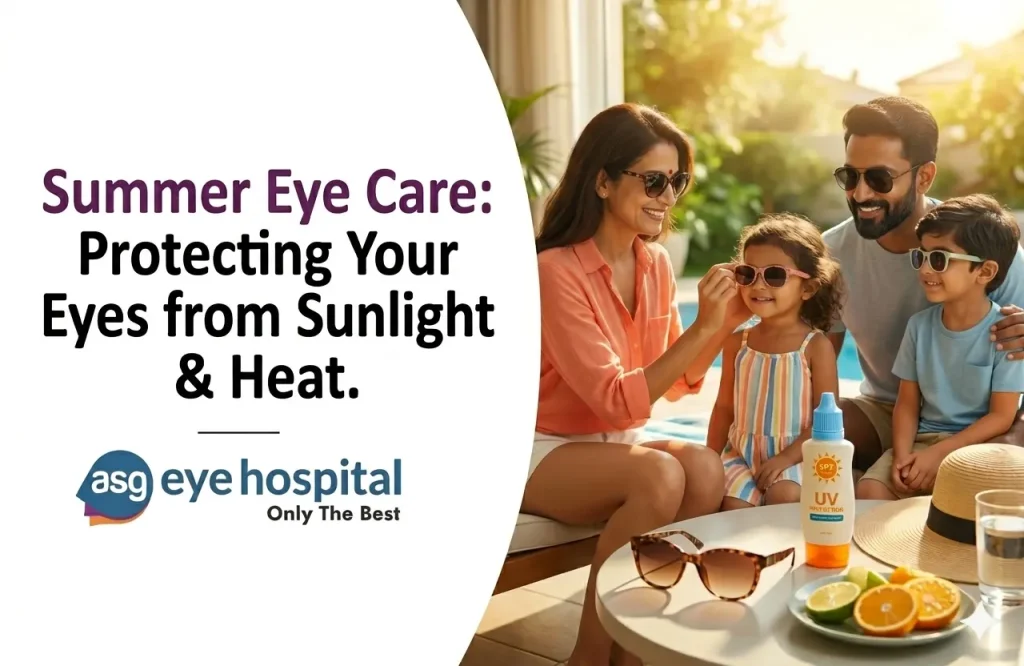 Person wearing UV-protective sunglasses during summer to protect eyes from sunlight and heat