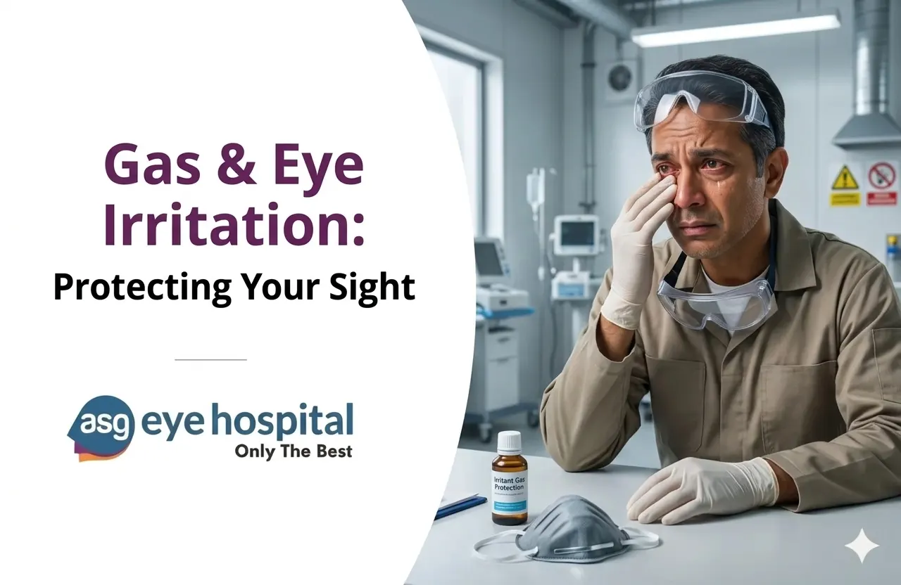 Person experiencing eye irritation and redness due to smoke, gas, and pollution exposure