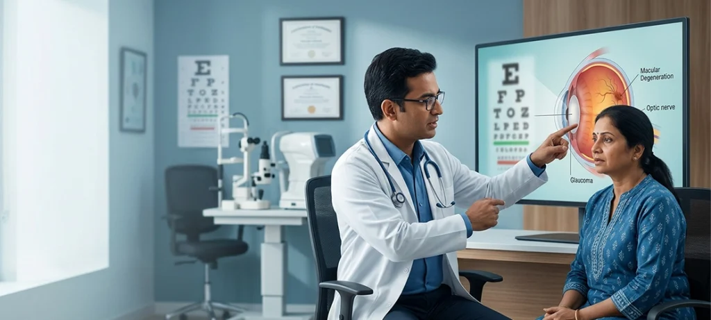 Eye doctor examining a patient with early vision loss symptoms using advanced eye diagnostic equipment to detect eye diseases.