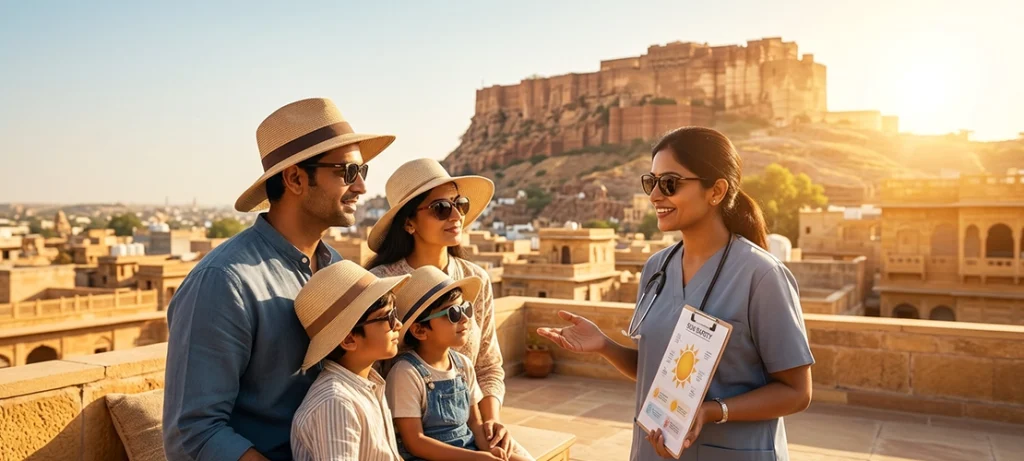 Family wearing sunglasses and protective eyewear during summer in Jodhpur to maintain healthy eyes and prevent sun-related eye problems.