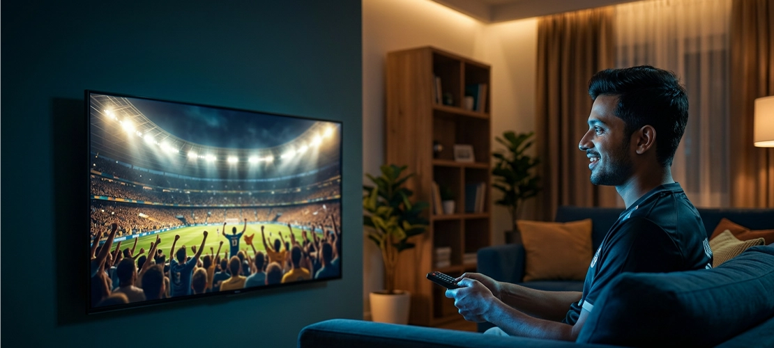 Football fan watching a FIFA World Cup match late at night while protecting eyes from digital eye strain and screen fatigue
