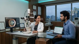 Young adult undergoing an eye examination for cataracts, highlighting symptoms, diagnosis, risk factors, and treatment options.