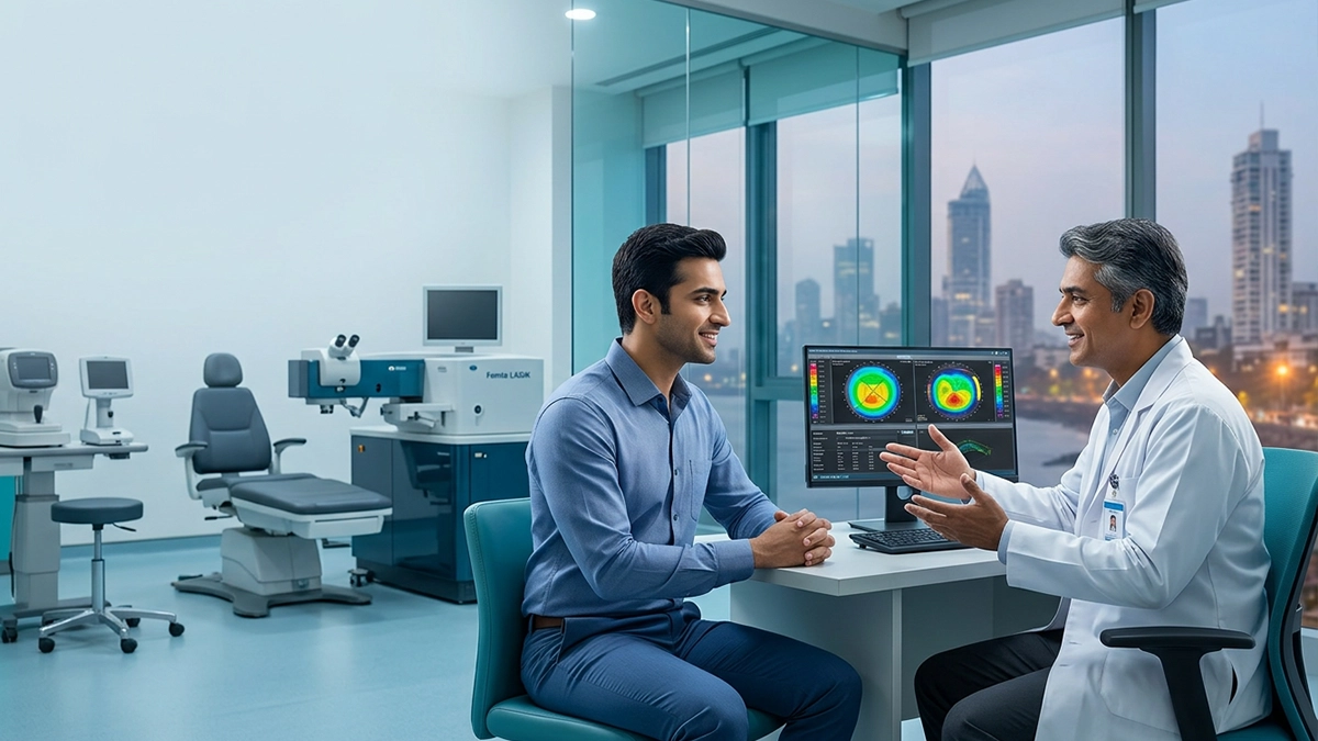 LASIK eye surgery consultation in Mumbai with an eye specialist discussing laser vision correction, treatment options, cost, and recovery.
