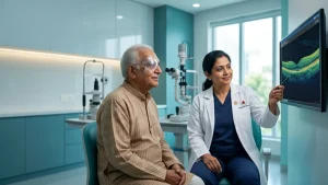 Patient recovering after retinal detachment surgery, following eye care instructions and attending follow-up visits to support vision recovery.