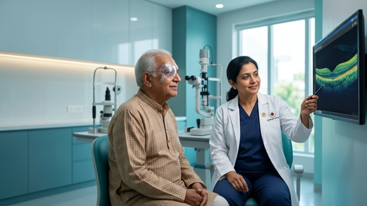 Patient recovering after retinal detachment surgery, following eye care instructions and attending follow-up visits to support vision recovery.