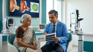 Eye specialist performing glaucoma screening to detect optic nerve damage and help prevent permanent vision loss.