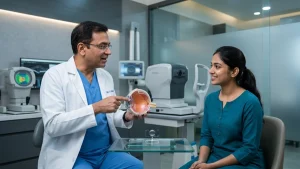 Eye specialist discussing implantable contact lens surgery as an alternative to LASIK for correcting refractive errors and improving vision.