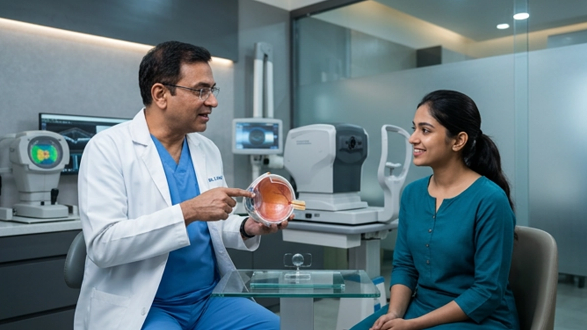 Eye specialist discussing implantable contact lens surgery as an alternative to LASIK for correcting refractive errors and improving vision.