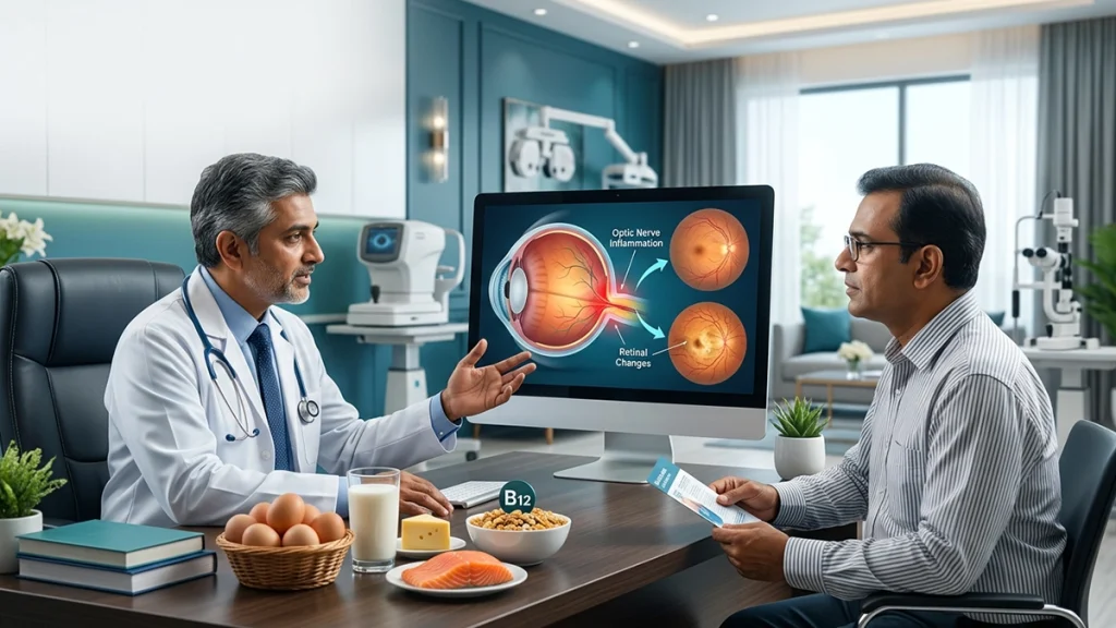 Illustration showing vitamin B12 deficiency and its potential effects on the eyes, including blurred vision and optic nerve health.