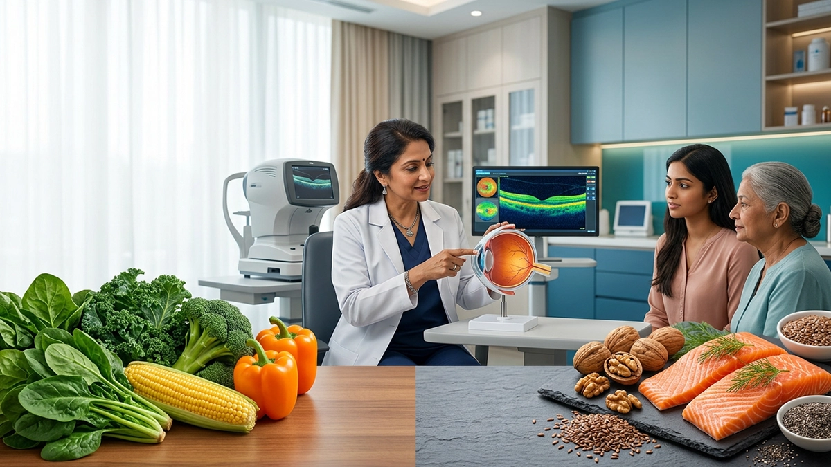 Comparison of omega-3 and lutein-rich foods showing their potential roles in supporting retinal health, eye function, and healthy vision.