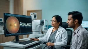 Eye specialist examining the optic nerve for optic disc drusen using retinal imaging to assess symptoms, diagnosis, and potential vision changes.