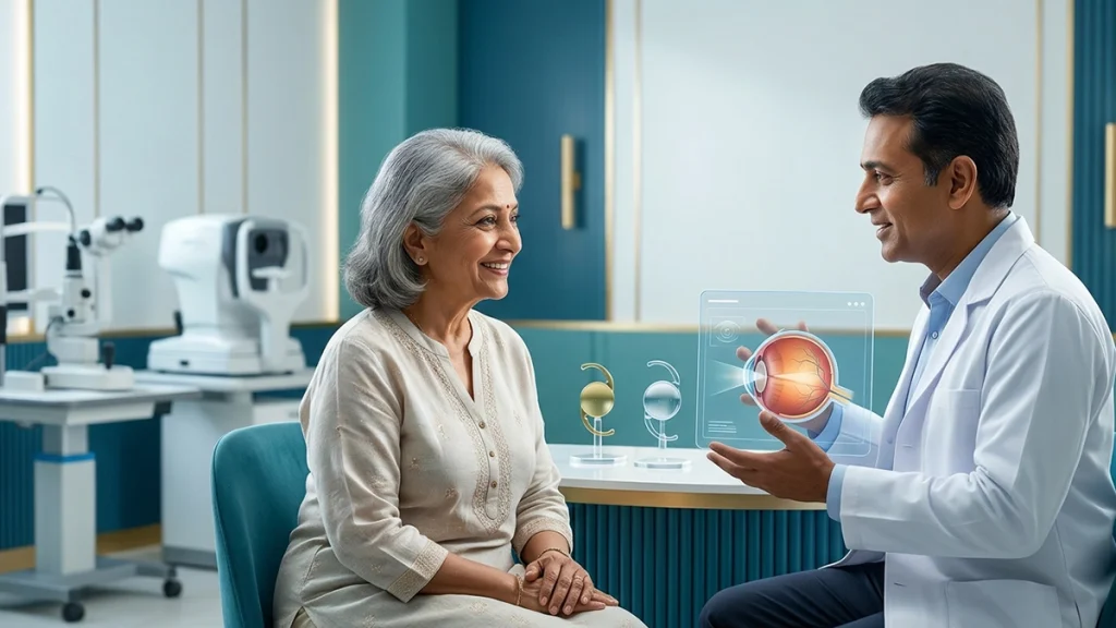Patient undergoing a post-cataract surgery eye examination to determine whether glasses are needed after IOL implantation.