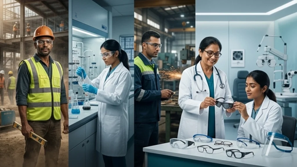 Person wearing protective safety eyewear designed to reduce eye injury risks from workplace hazards, dust, debris, chemicals, and flying particles.