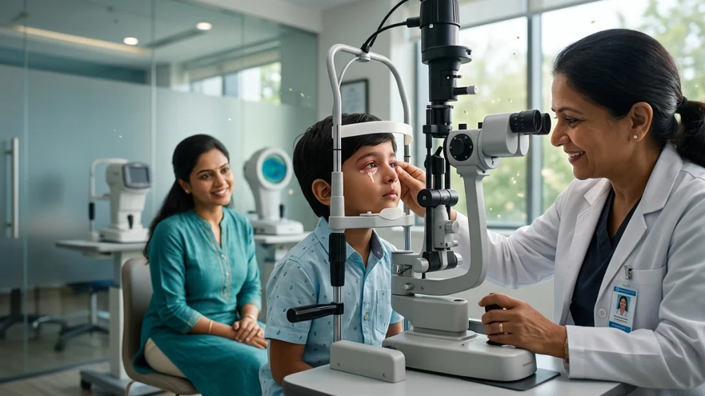 Child with red, itchy eyes being examined for vernal conjunctivitis, highlighting allergy symptoms, diagnosis, and treatment.