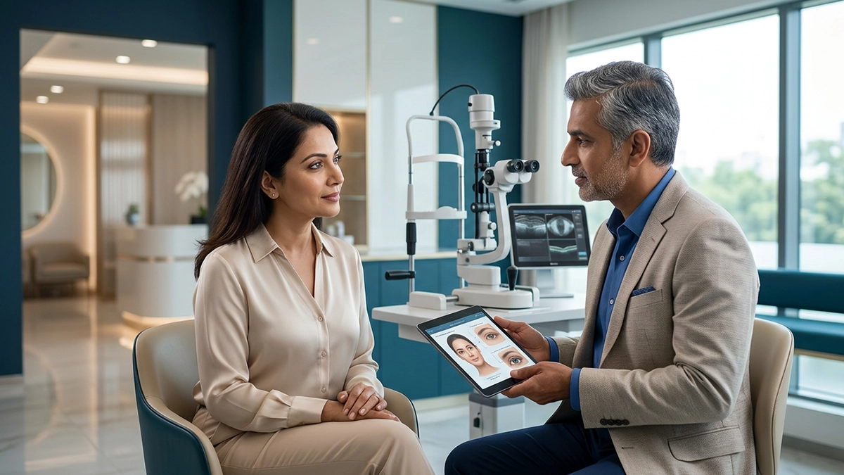 Eye specialist performing a cosmetic ophthalmology consultation, highlighting eyelid surgery and aesthetic eye treatment options.
