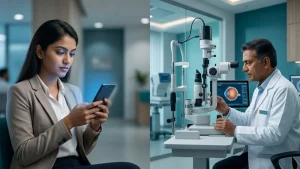 Person using a smartphone for long hours experiencing blurred vision and digital eye strain, highlighting screen-related eye discomfort.