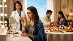 Woman applying eye makeup safely for Raksha Bandhan, following hygiene tips to prevent eye irritation and protect healthy, comfortable eyes.
