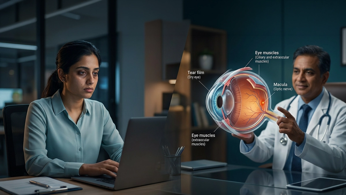 Person with tired, red eyes caused by stress and sleep deprivation, highlighting eye strain, dry eyes, and vision-related symptoms.