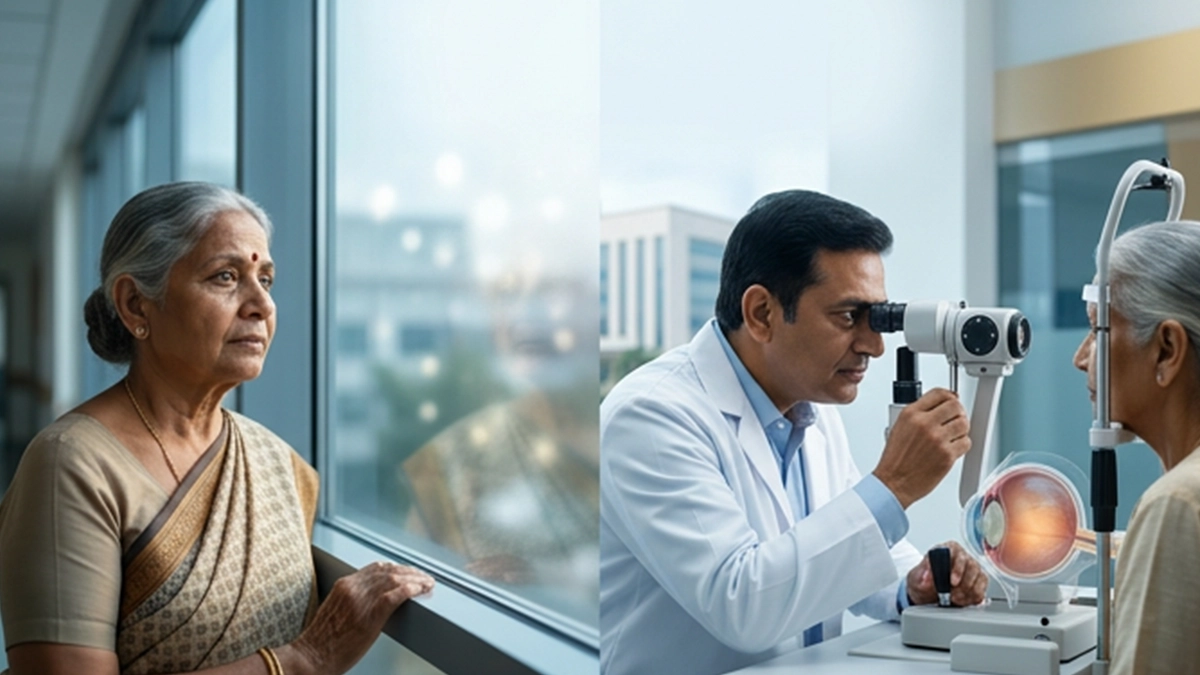 Person experiencing blurry vision and glare from cataracts during an eye examination, highlighting early warning signs and vision changes.