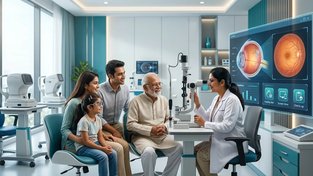 Family practicing healthy eye care habits, including regular eye exams, nutritious foods, screen breaks, and protective eyewear.