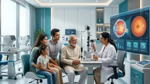 Family practicing healthy eye care habits, including regular eye exams, nutritious foods, screen breaks, and protective eyewear.