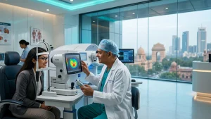 LASIK eye surgery consultation in Delhi with an eye specialist discussing laser vision correction, treatment options, cost, and recovery.