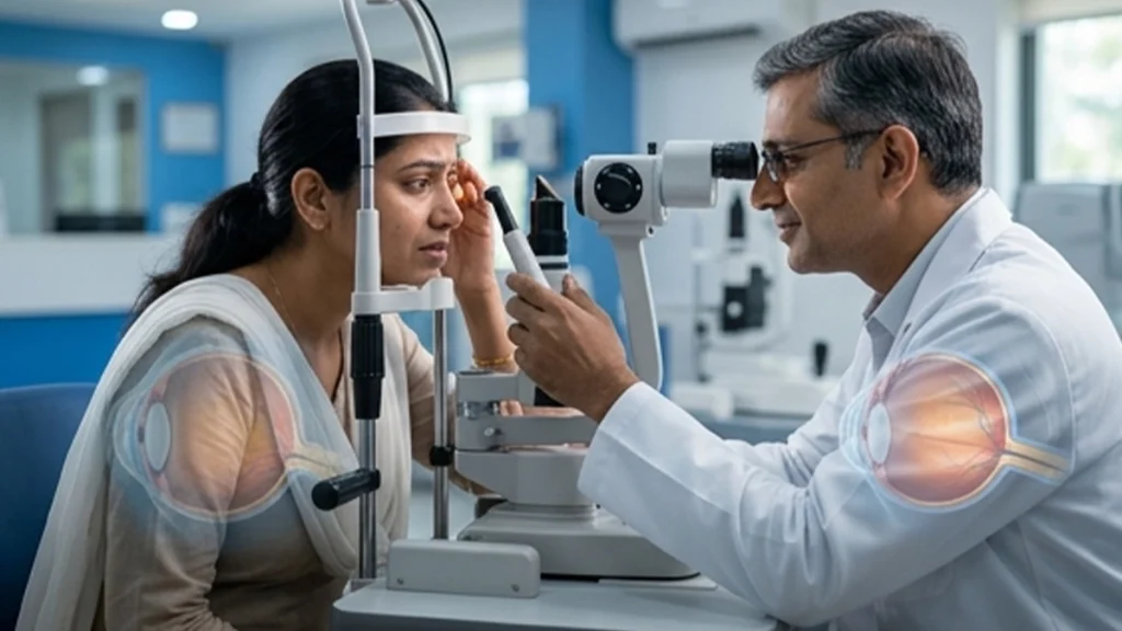 Person experiencing pressure behind the eyes during an eye examination, highlighting common causes, symptoms, and warning signs.