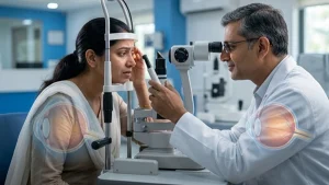 Person experiencing pressure behind the eyes during an eye examination, highlighting common causes, symptoms, and warning signs.