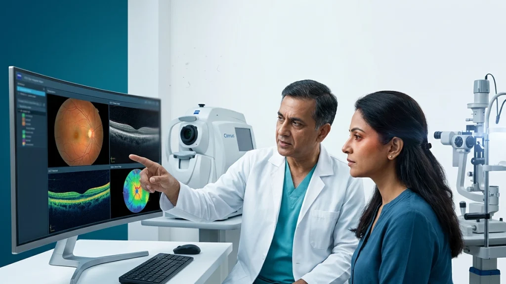 Person experiencing blurred vision, eye pain, and redness while undergoing an eye examination to detect serious eye disease early.
