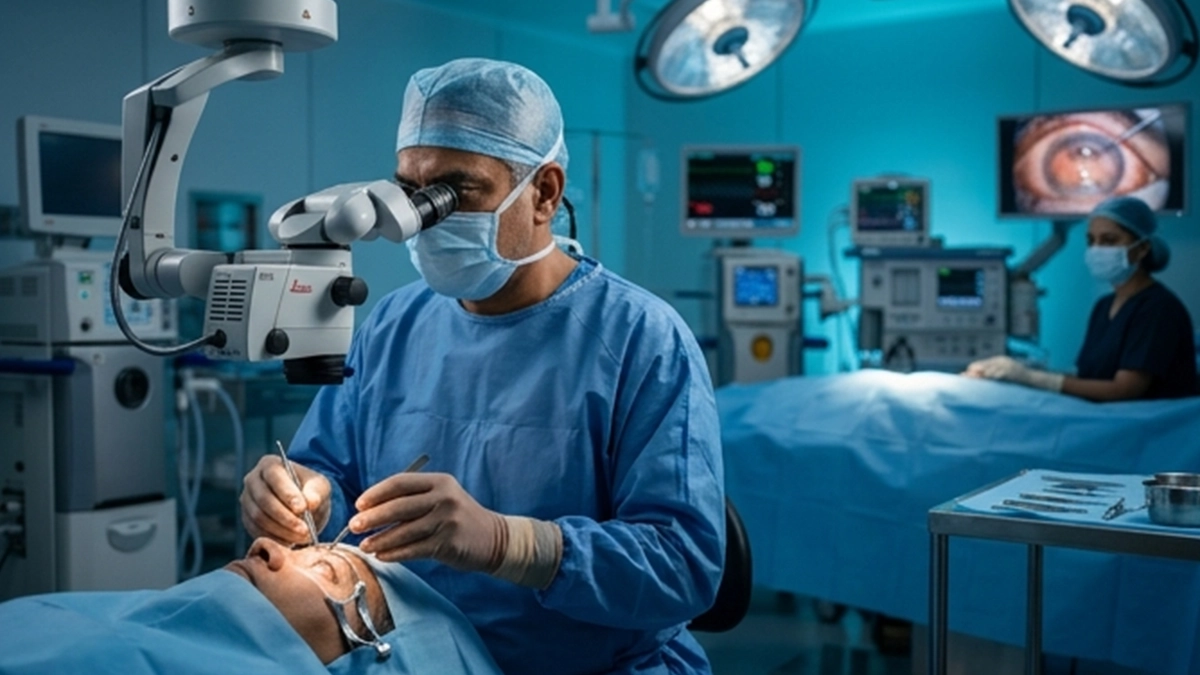 Eye surgeon performing penetrating keratoplasty, a full-thickness corneal transplant to replace damaged corneal tissue and improve vision.