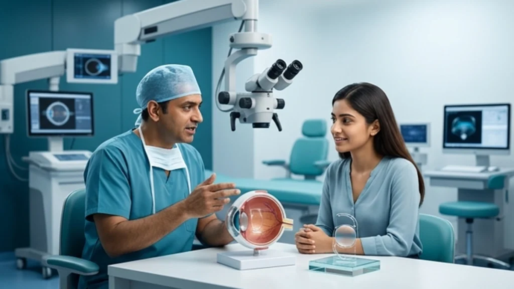 Eye surgeon performing ICL surgery to implant a phakic lens inside the eye for vision correction, highlighting the procedure and recovery.