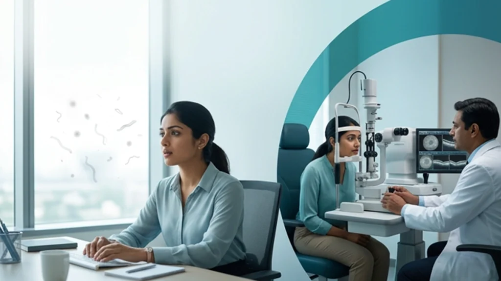 Person noticing eye floaters during an eye examination, highlighting common causes, symptoms, retinal problems, and warning signs.