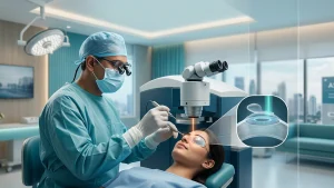 Eye surgeon performing PRK laser eye surgery to correct vision, highlighting the procedure, recovery, and improved eyesight.