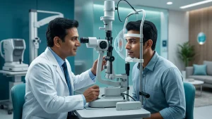 Eye specialist examining a scratched cornea (corneal abrasion) using a slit lamp to diagnose, treat, and monitor eye healing.