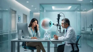 Person experiencing dry, irritated eyes during an eye examination, highlighting dry eye disease symptoms, causes, diagnosis, and treatment.