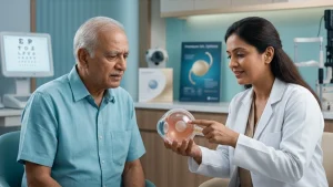 Patient undergoing an eye examination for cloudy vision caused by cataracts or other eye conditions, with treatment options for clearer sight.