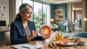 Fish oil and omega-3-rich foods supporting eye health, with information about potential benefits, uses, and side effects.