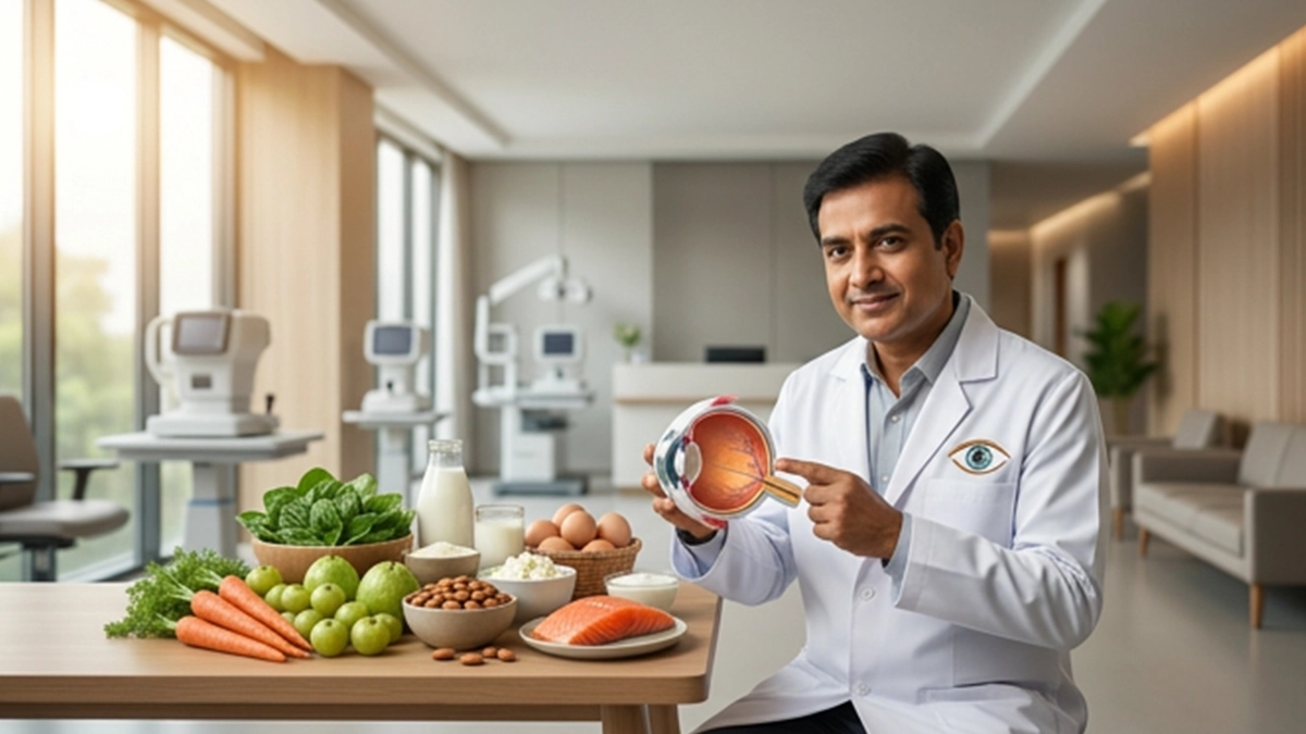 Vitamin-rich foods supporting healthy vision, including leafy greens, fruits, vegetables, nuts, seeds, and other nutrient-dense foods.
