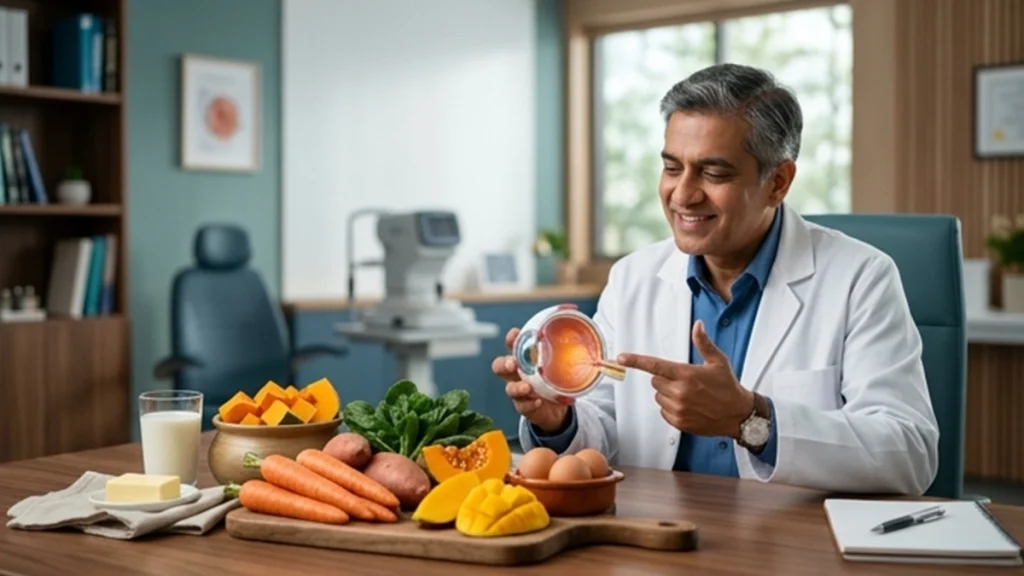 Vitamin A-rich foods including carrots, leafy greens, eggs, and dairy products that support healthy eyes and vision.