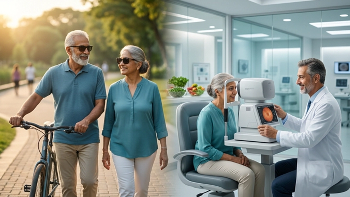 Older adult protecting eye health through regular eye exams, healthy nutrition, UV protection, and lifestyle habits to reduce vision risks.