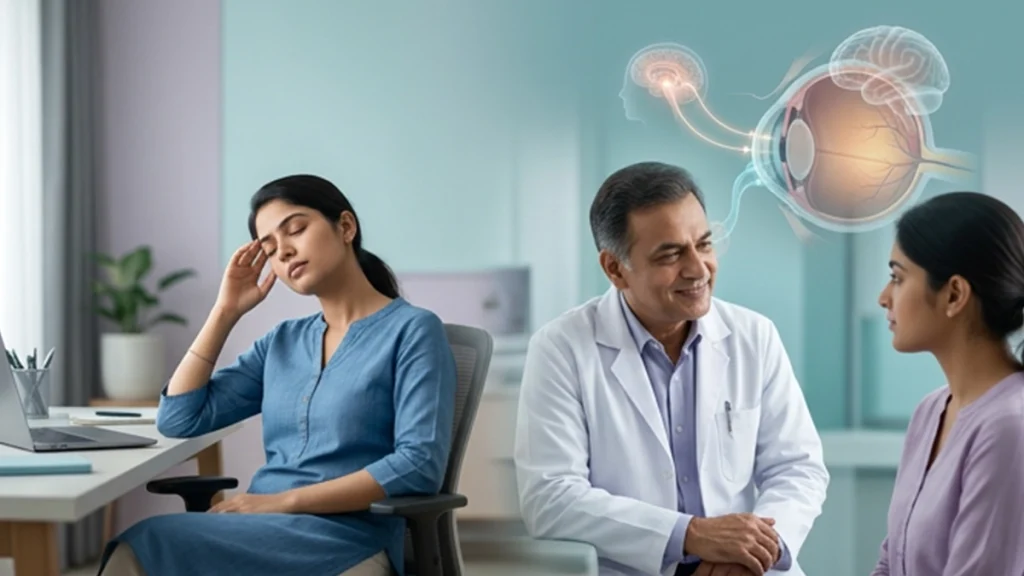 Person experiencing dry eye discomfort and emotional stress, illustrating the potential connection between persistent eye symptoms and mental well-being.